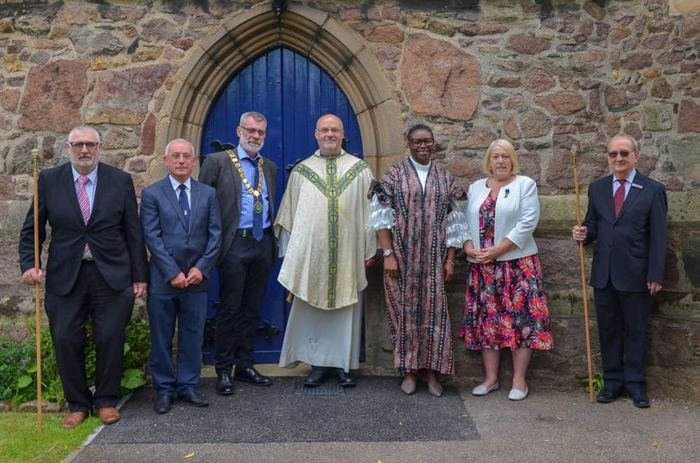 Local councillors with the Vicar and Churchwardens: Dave Lewis (Churchwarden); Parish Cllr Andy Dent; Parish and Borough Cllr Mark Lowe (Chairman of Thurmaston Parish Council); Rev Tim Day (Vicar); City Cllr Ashiedu Joel; Parish, Borough and County Cllr Brenda Seaton CC; John Tebbutt (Churchwarden).