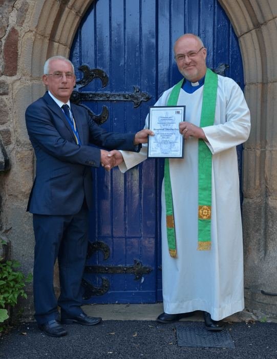 Rev Tim Day receiving an RBL Branch Certificate of Appreciation from Cllr Andy Dent, RBL Branch Chairman