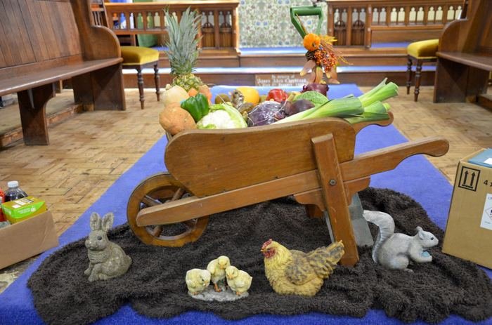 Harvest Festival produce arranged in church